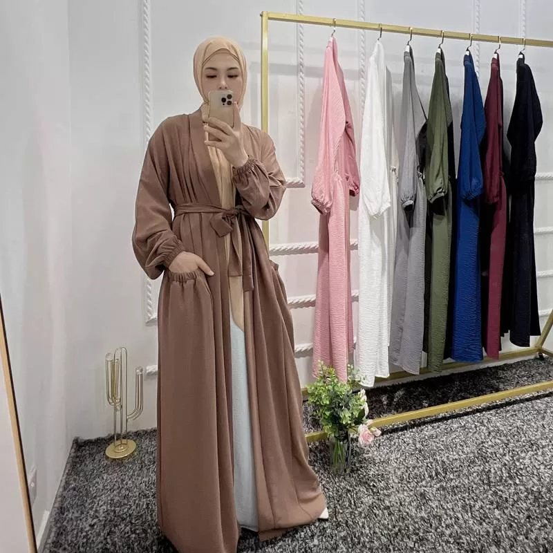 8 Color Options Wrinkle Open Abaya Dress Muslim Women