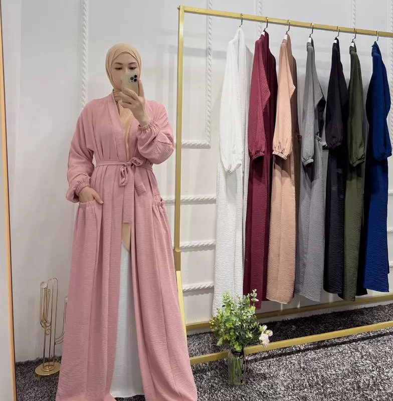 8 Color Options Wrinkle Open Abaya Dress Muslim Women