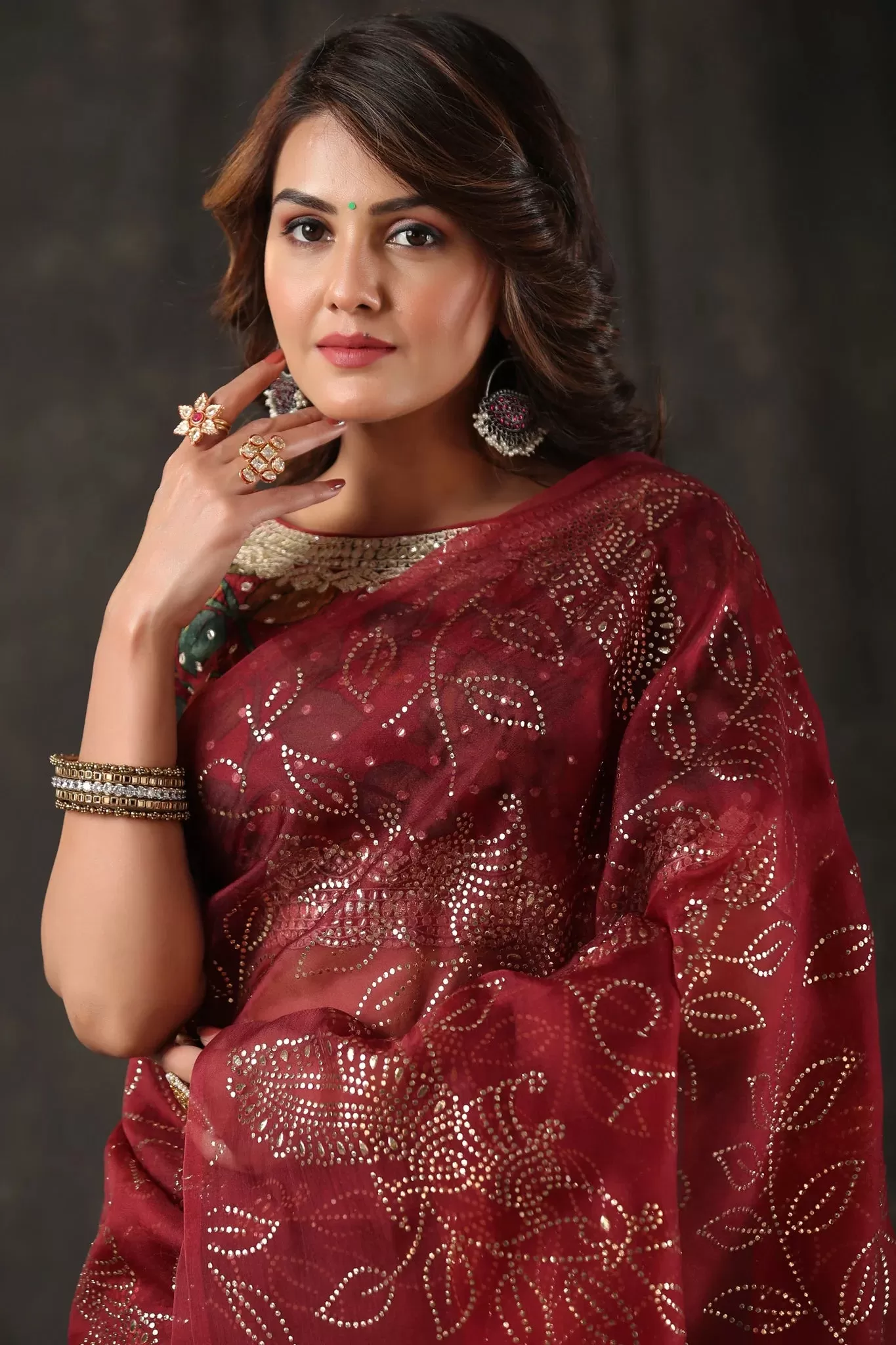 92A047 Maroon Embellished Organza Silk Saree With Blouse