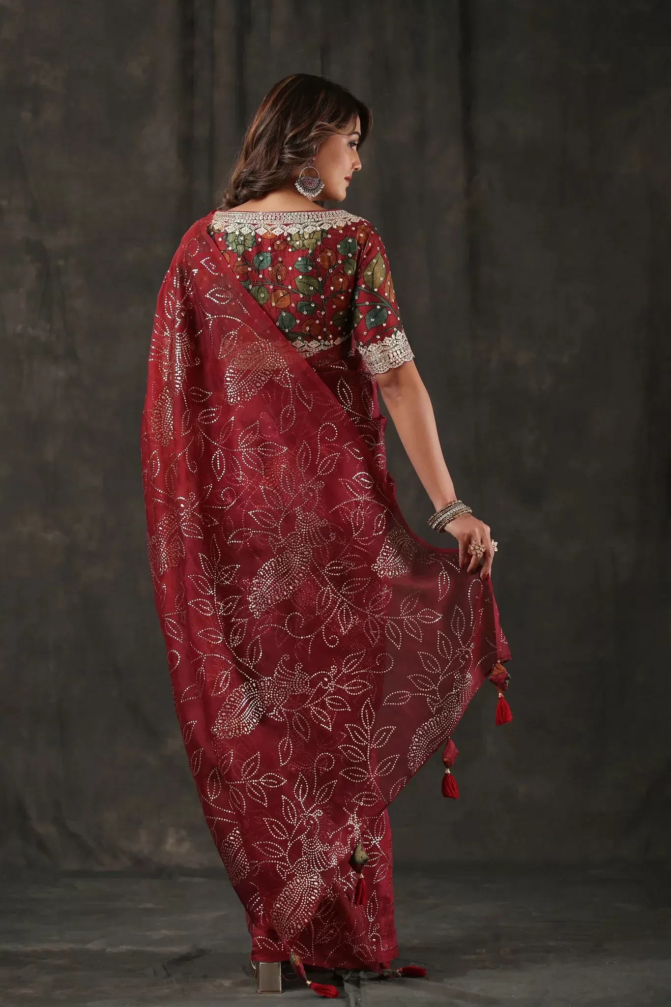 92A047 Maroon Embellished Organza Silk Saree With Blouse