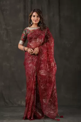 92A047 Maroon Embellished Organza Silk Saree With Blouse