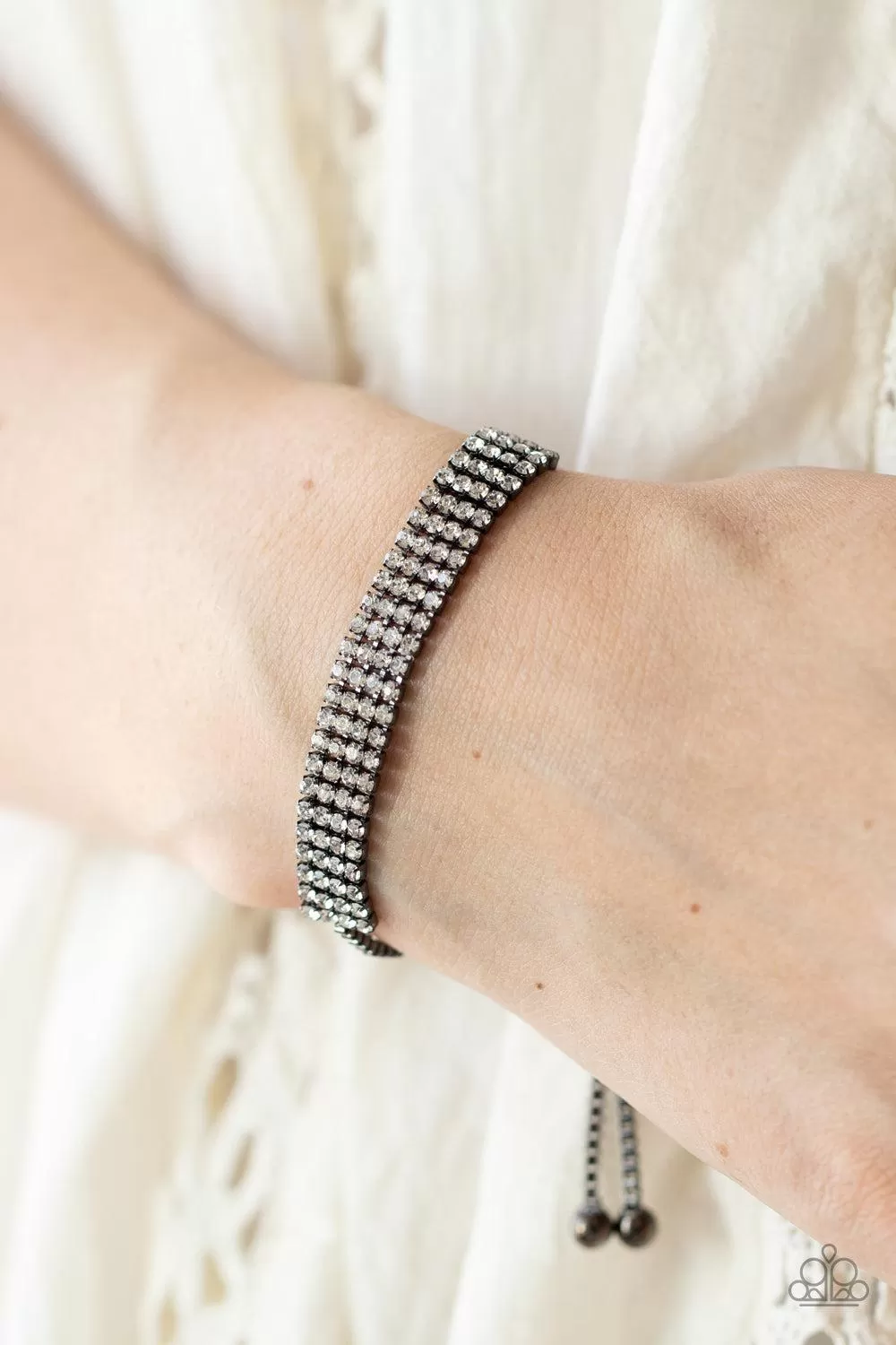 A DIAMOND a Dozen Gunmetal Black & White Rhinestone Slide Bracelet - Paparazzi Accessories