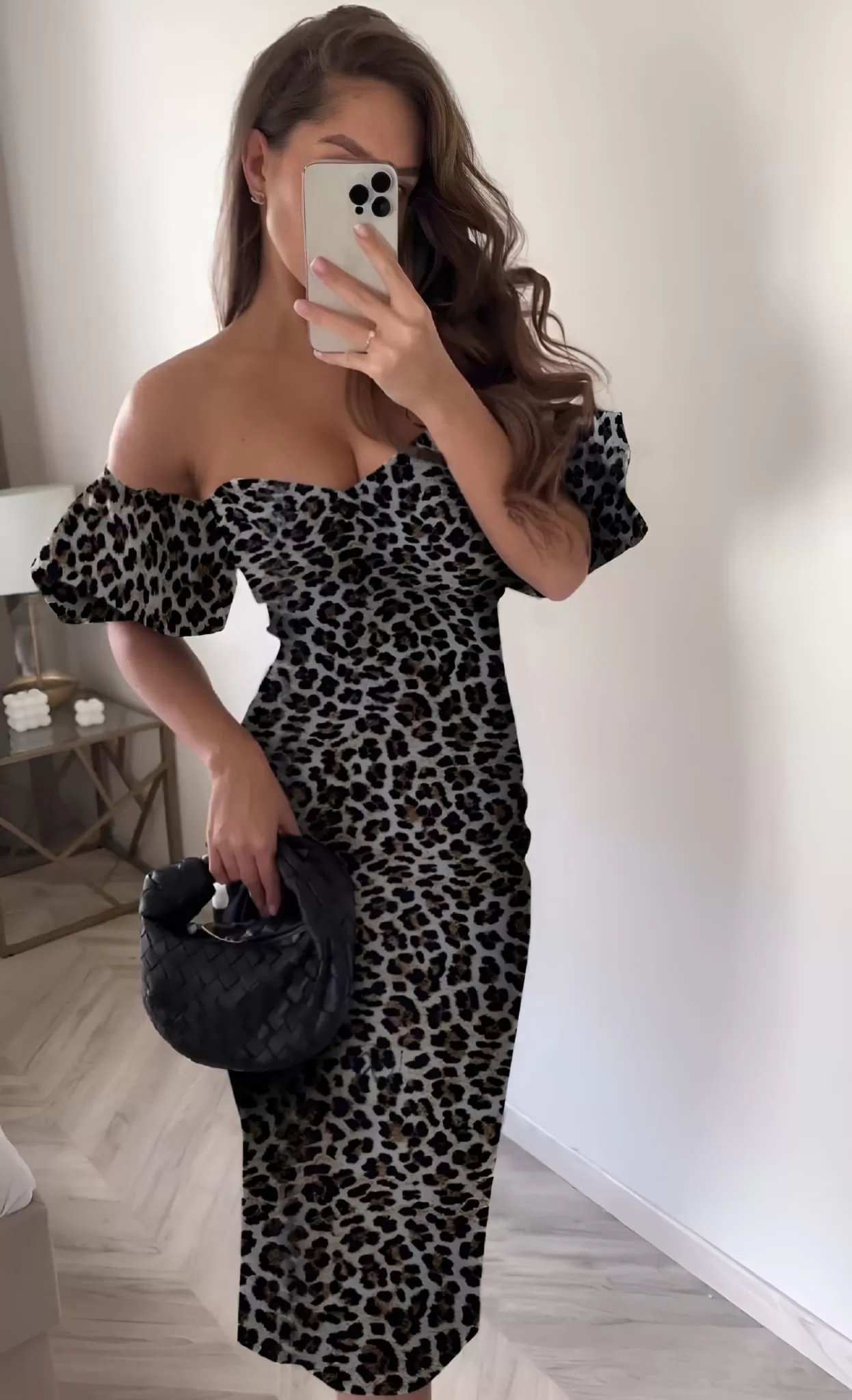 Abito Donna Longuette Scollo Cuore Mezza Manica Sbuffo Fantasia Animalier Elegante