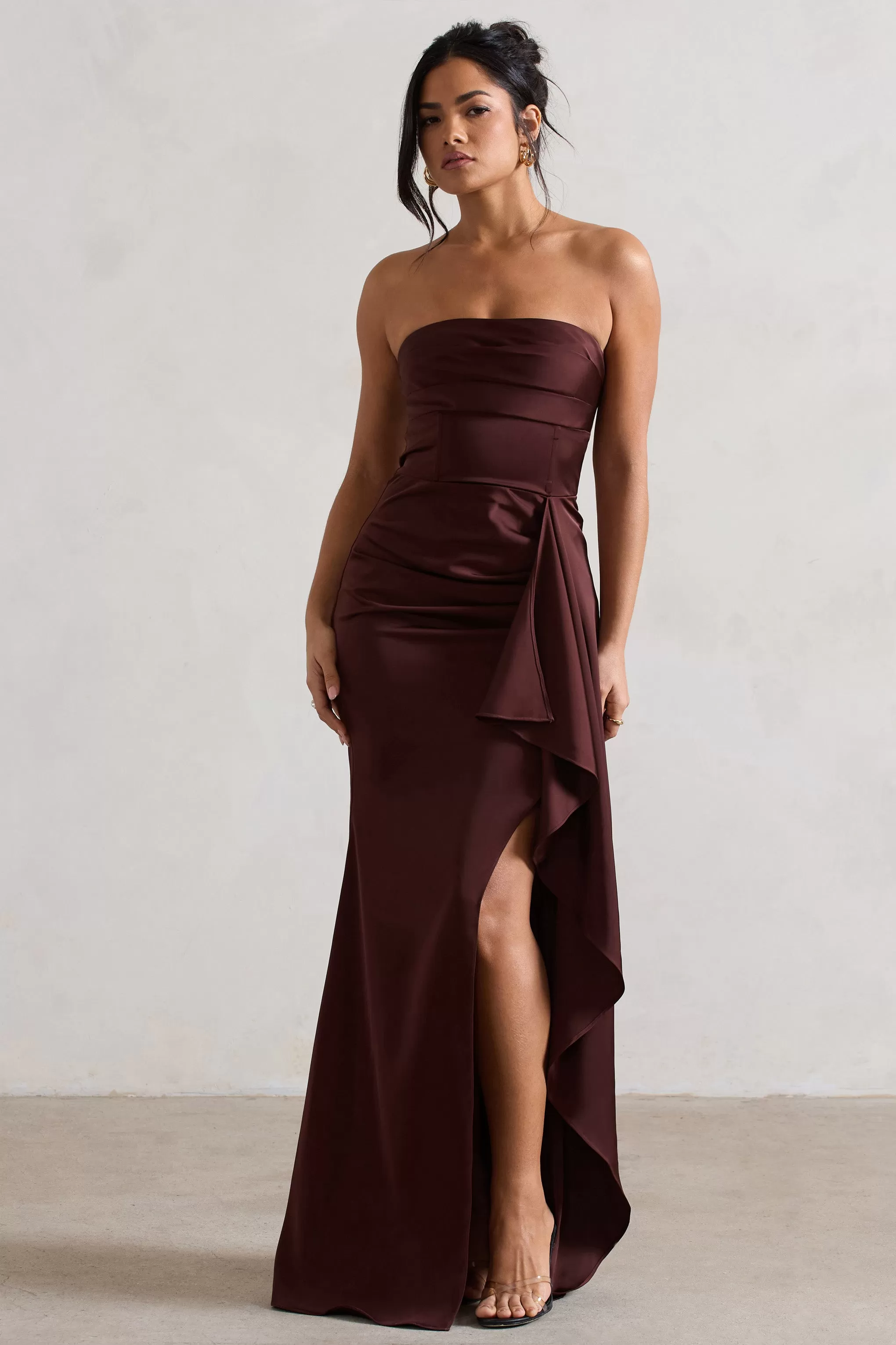 Ace | Chocolate Brown Satin Bandeau Split Maxi Dress With Ruffle Drape