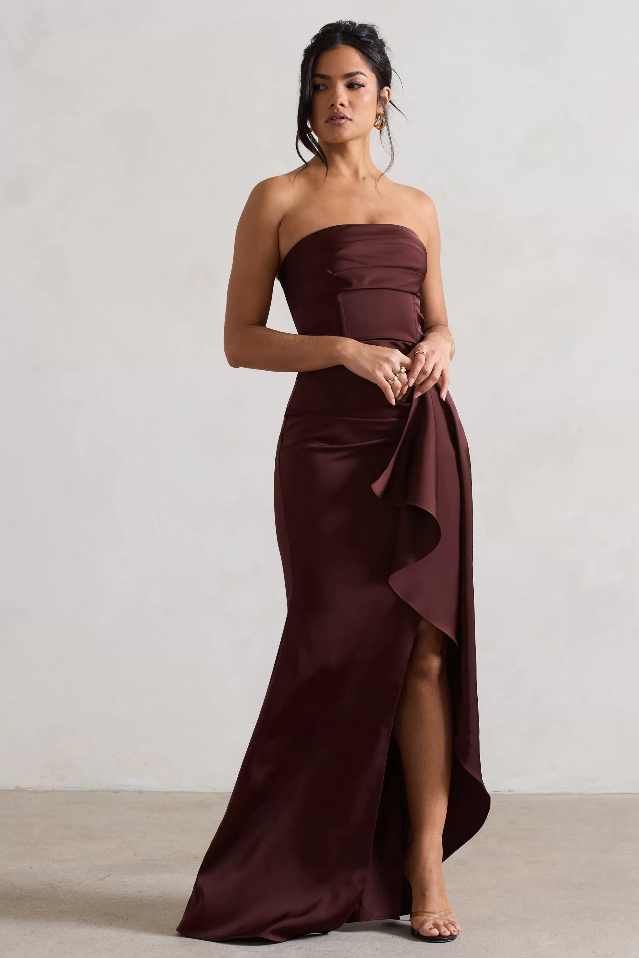 Ace | Chocolate Brown Satin Bandeau Split Maxi Dress With Ruffle Drape