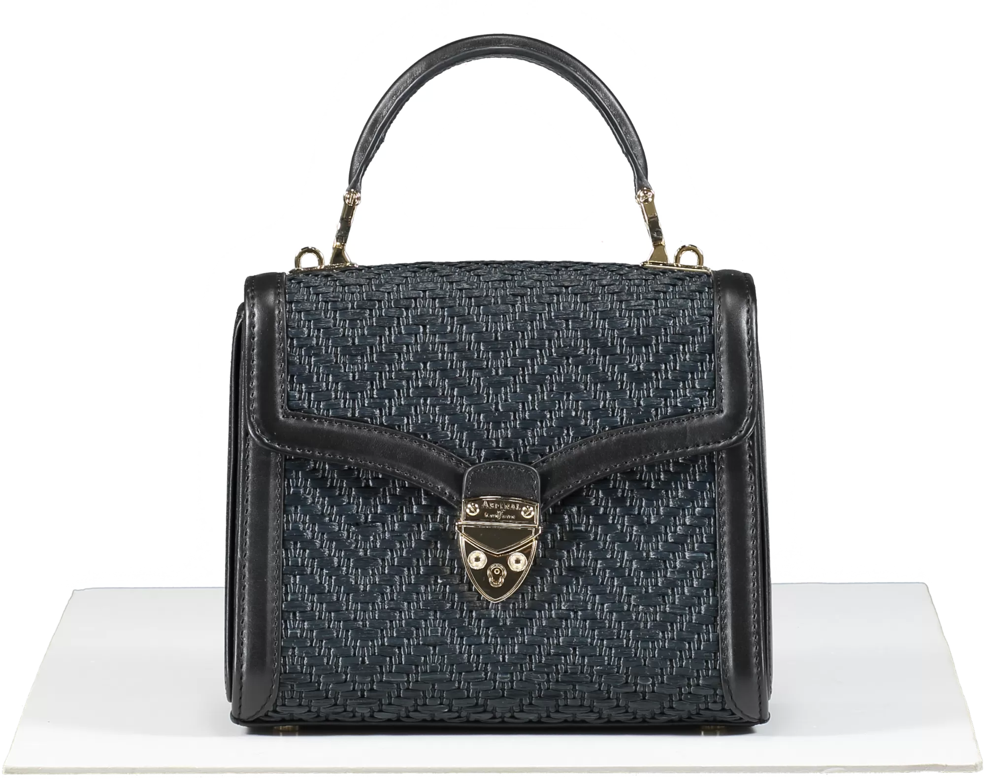 Aspinal Of London Midi Mayfair Bag Black Chevron Raffia & Smooth Black