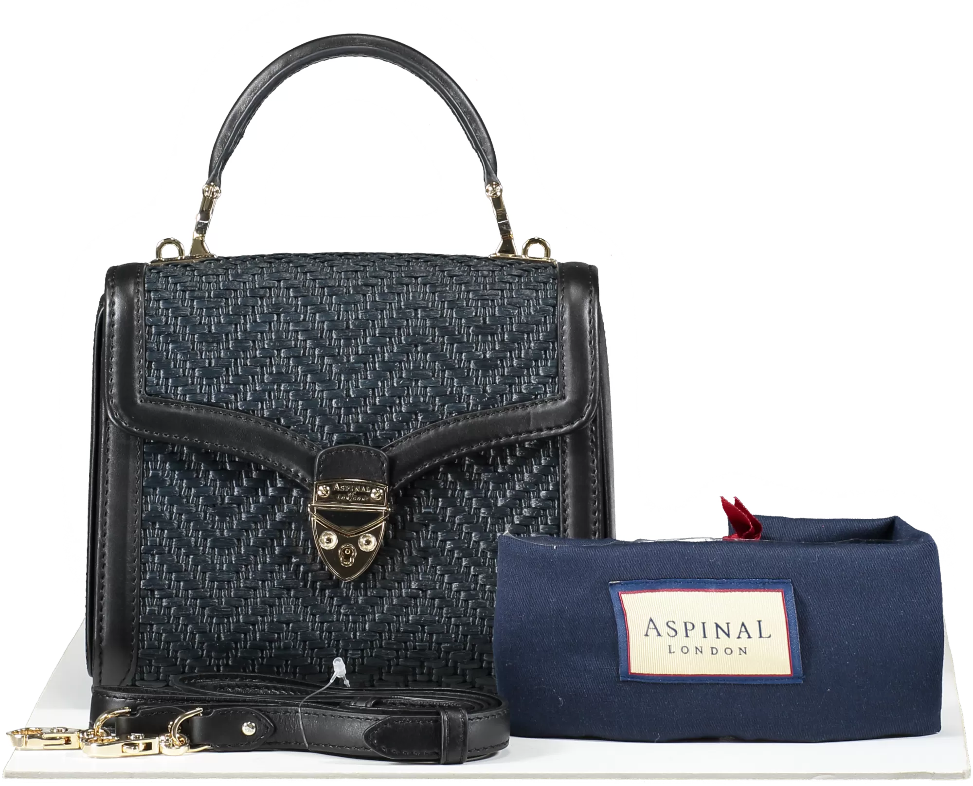 Aspinal Of London Midi Mayfair Bag Black Chevron Raffia & Smooth Black