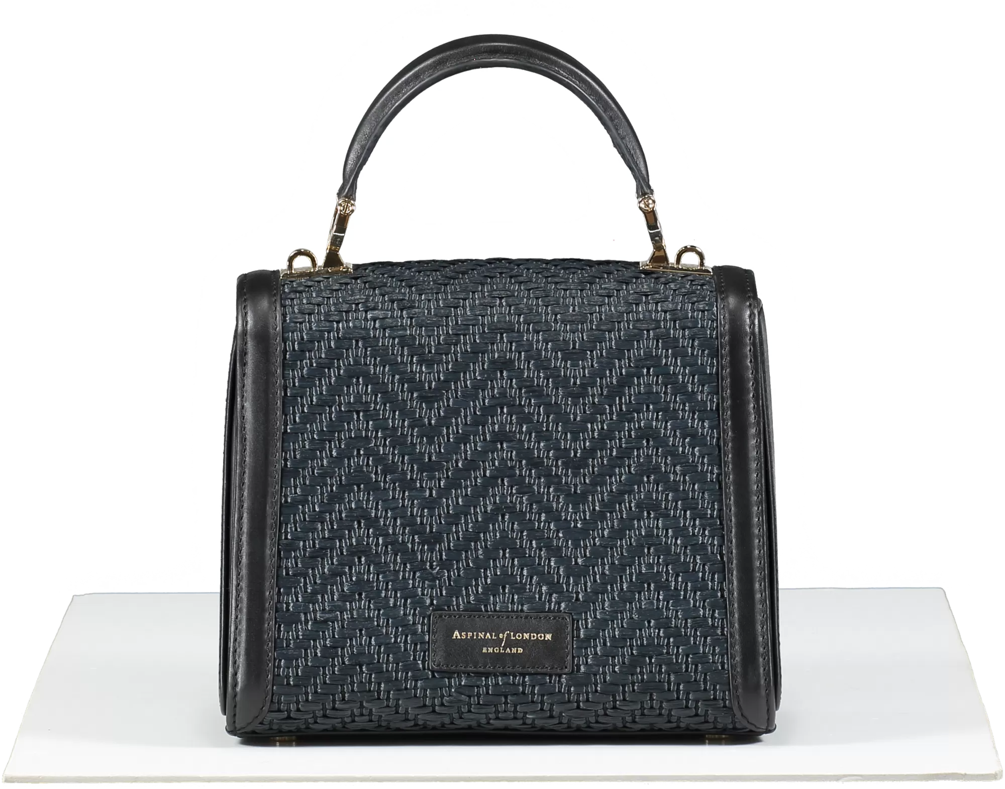 Aspinal Of London Midi Mayfair Bag Black Chevron Raffia & Smooth Black