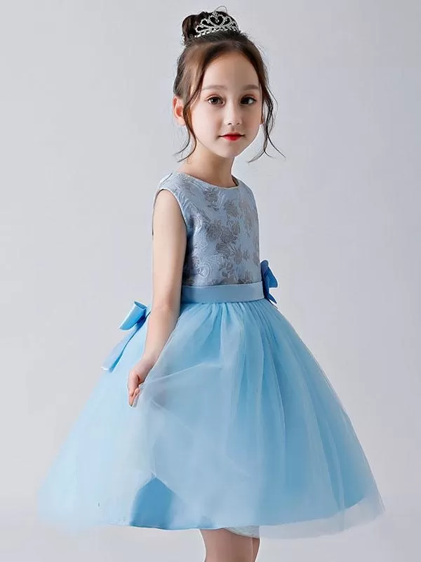 Baby Blue Tulle Kids Party Dresses Flower Girl Dresses Jewel Neck Sleeveless