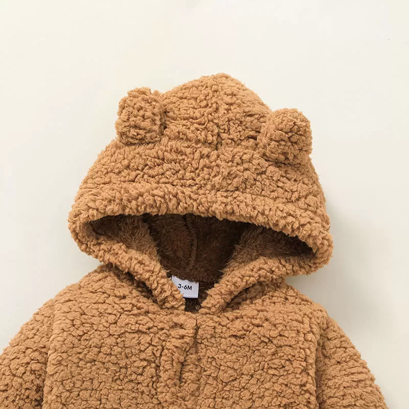 Baby Boys Girls Solid Color Furry Hooded Jumpsuit Crawling Clothes