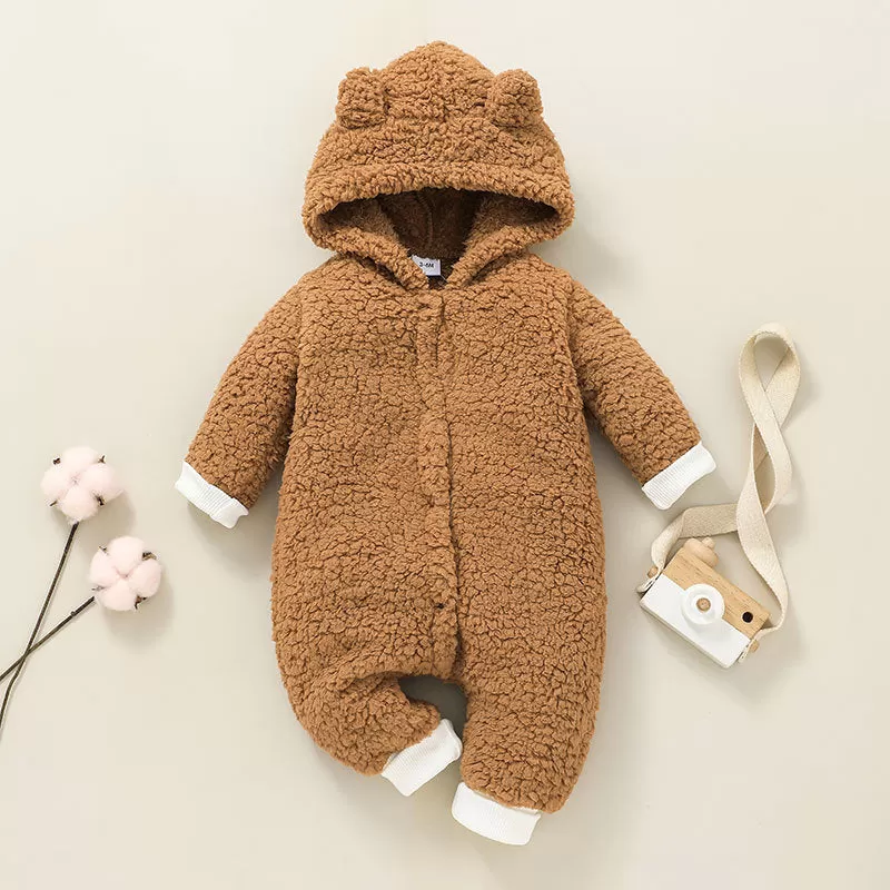 Baby Boys Girls Solid Color Furry Hooded Jumpsuit Crawling Clothes