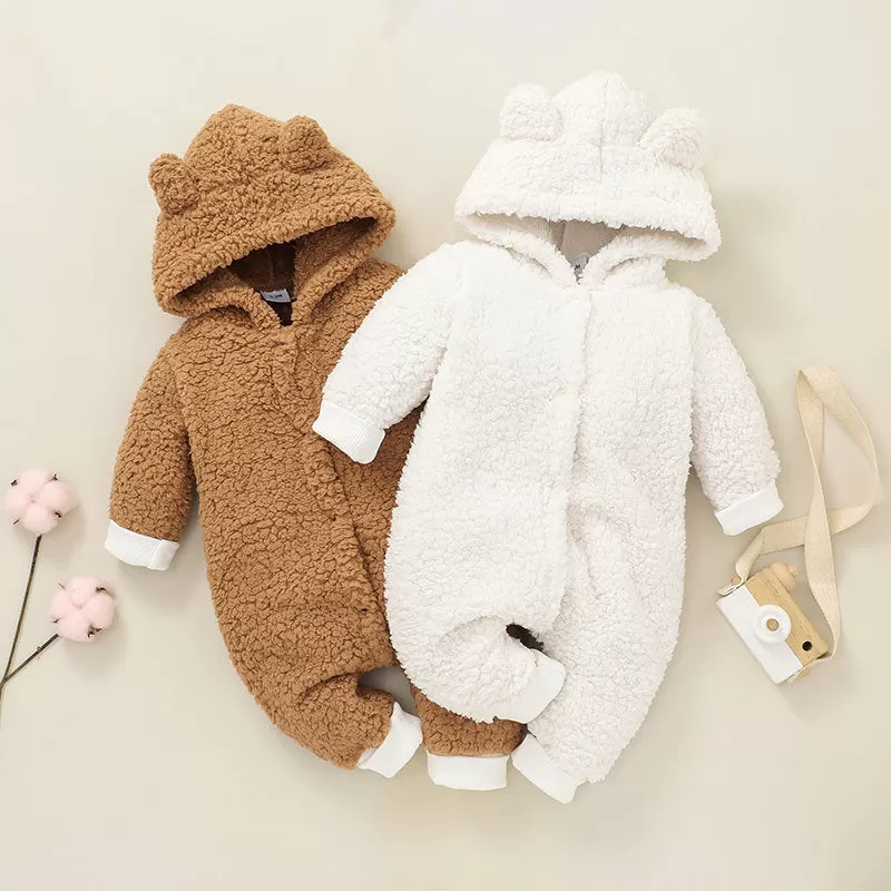 Baby Boys Girls Solid Color Furry Hooded Jumpsuit Crawling Clothes