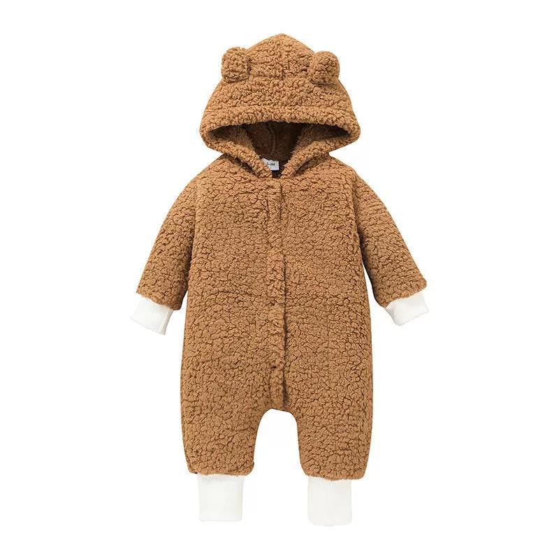 Baby Boys Girls Solid Color Furry Hooded Jumpsuit Crawling Clothes