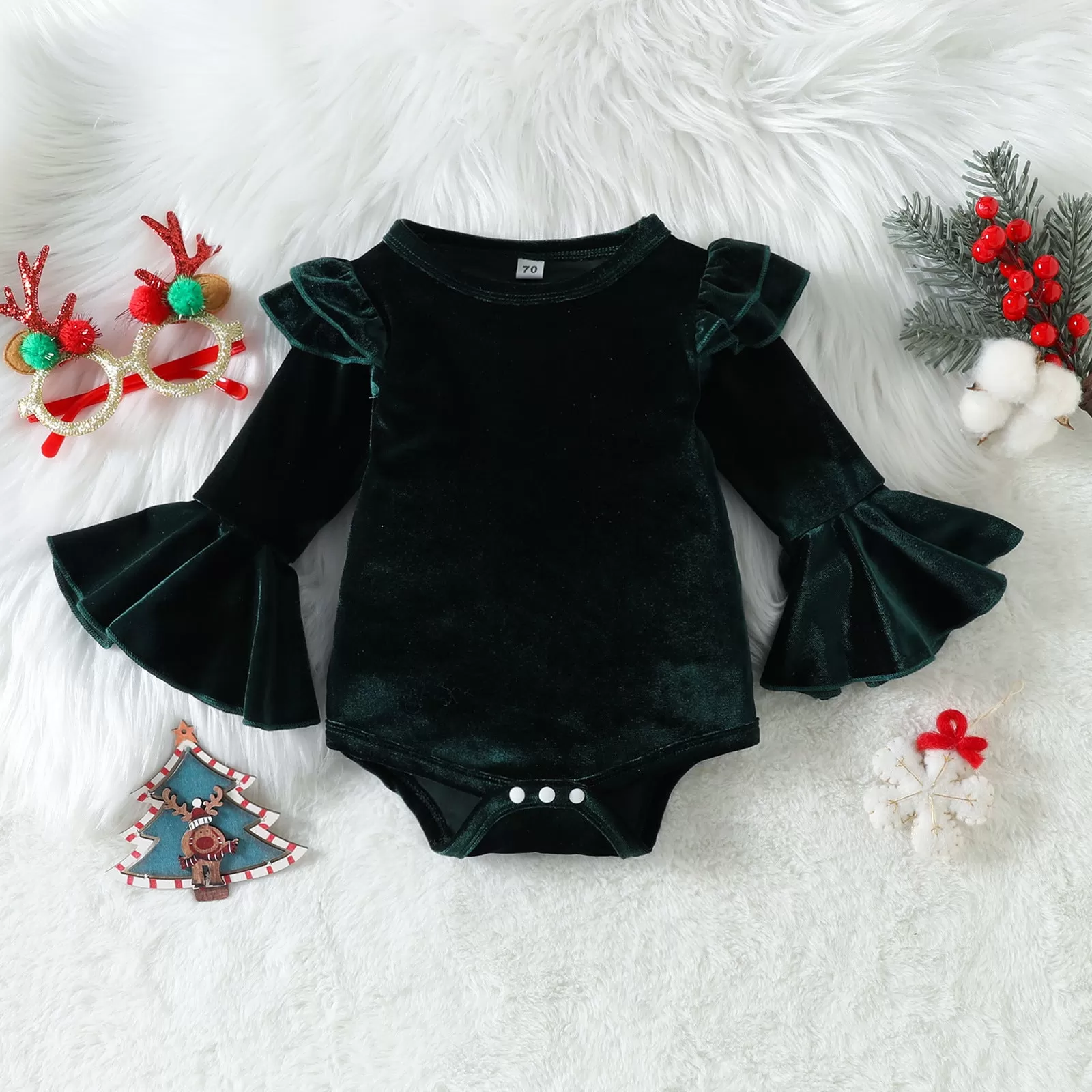 Baby Girls Solid Color Velvet Flared Long-sleeve Jumpsuit Lace Lace Shorts Set