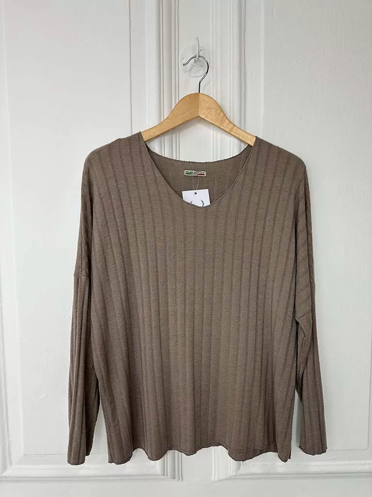 Basic V-Neck Stripe Knit - Mocha