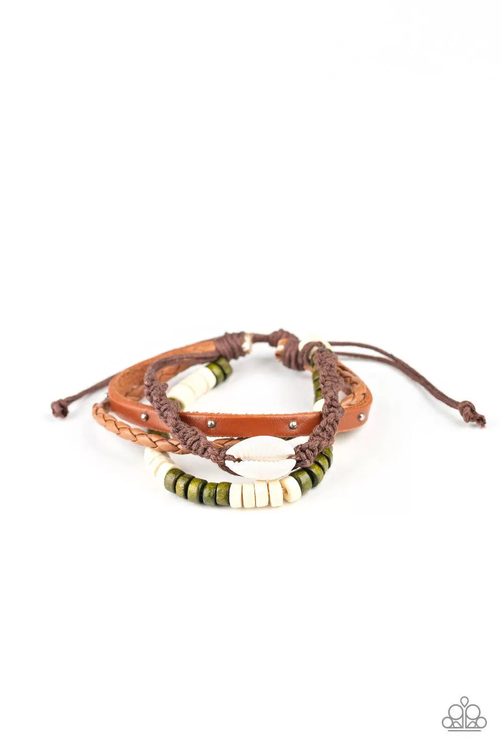 Beach Bounty Green and White Shell Brown Leather Urban Knot Bracelet - Paparazzi Accessories