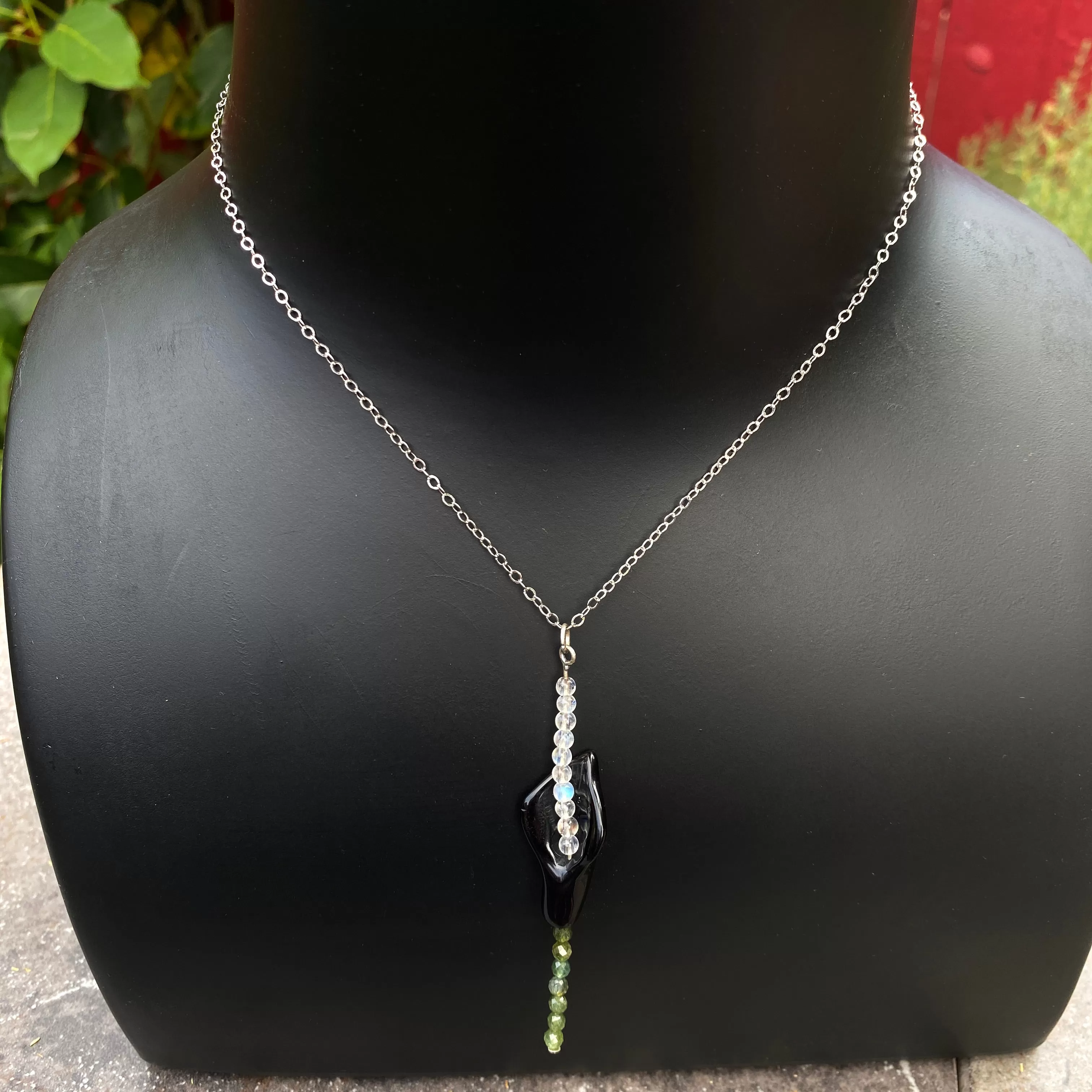 Black agate Calla Lily with moonstone and green tourmaline sterling silver