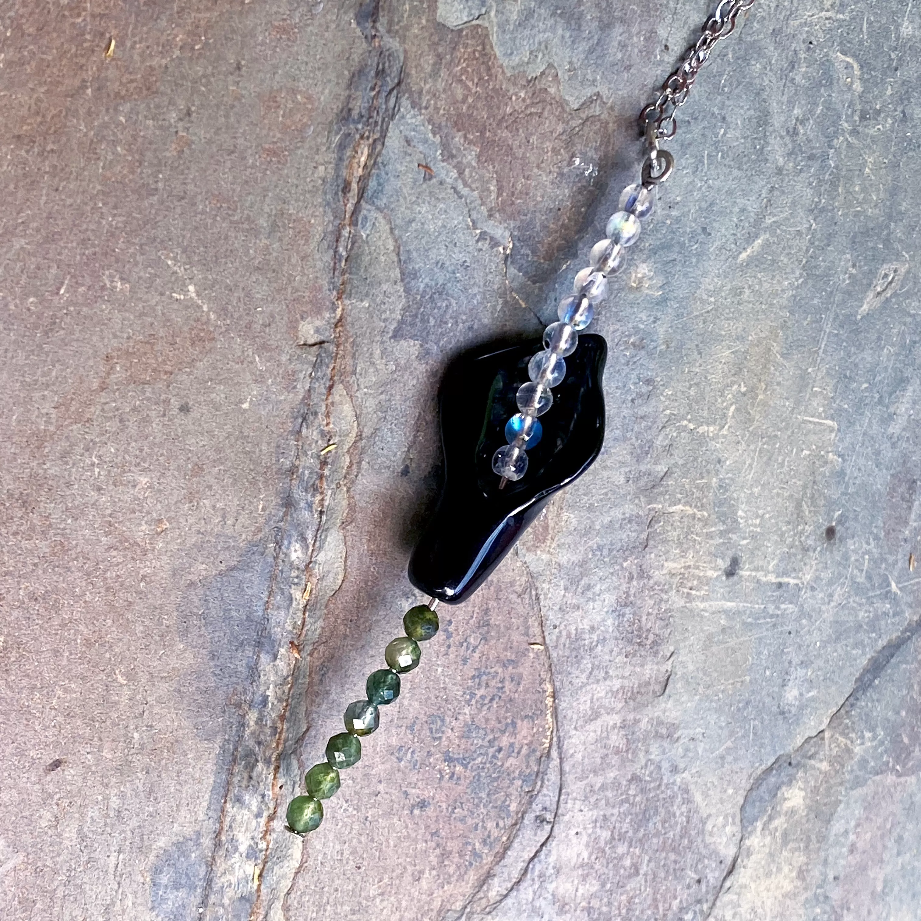 Black agate Calla Lily with moonstone and green tourmaline sterling silver