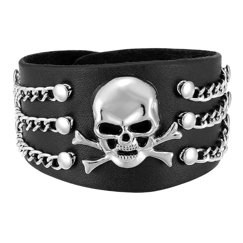 Black Genuine Leather Punk Skull with Chains Bracelet