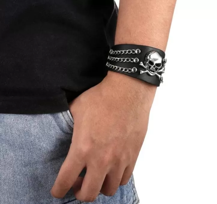 Black Genuine Leather Punk Skull with Chains Bracelet