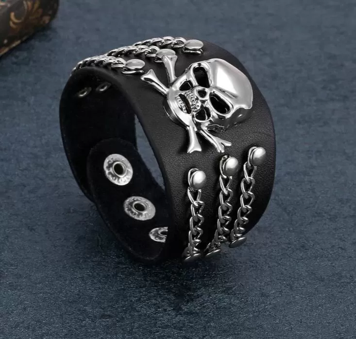 Black Genuine Leather Punk Skull with Chains Bracelet