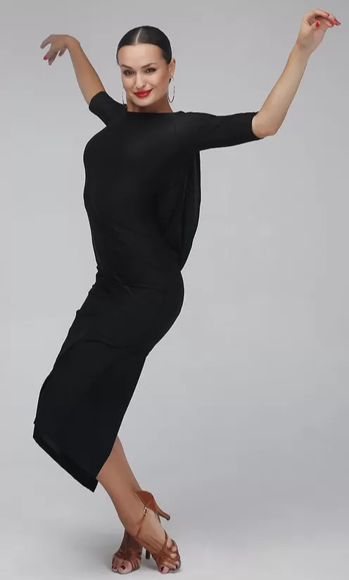 Black Latin Practice/Performance Dress with Back Sash and Half Sleeves Available in Sizes S-XL PRA 122 in Stock