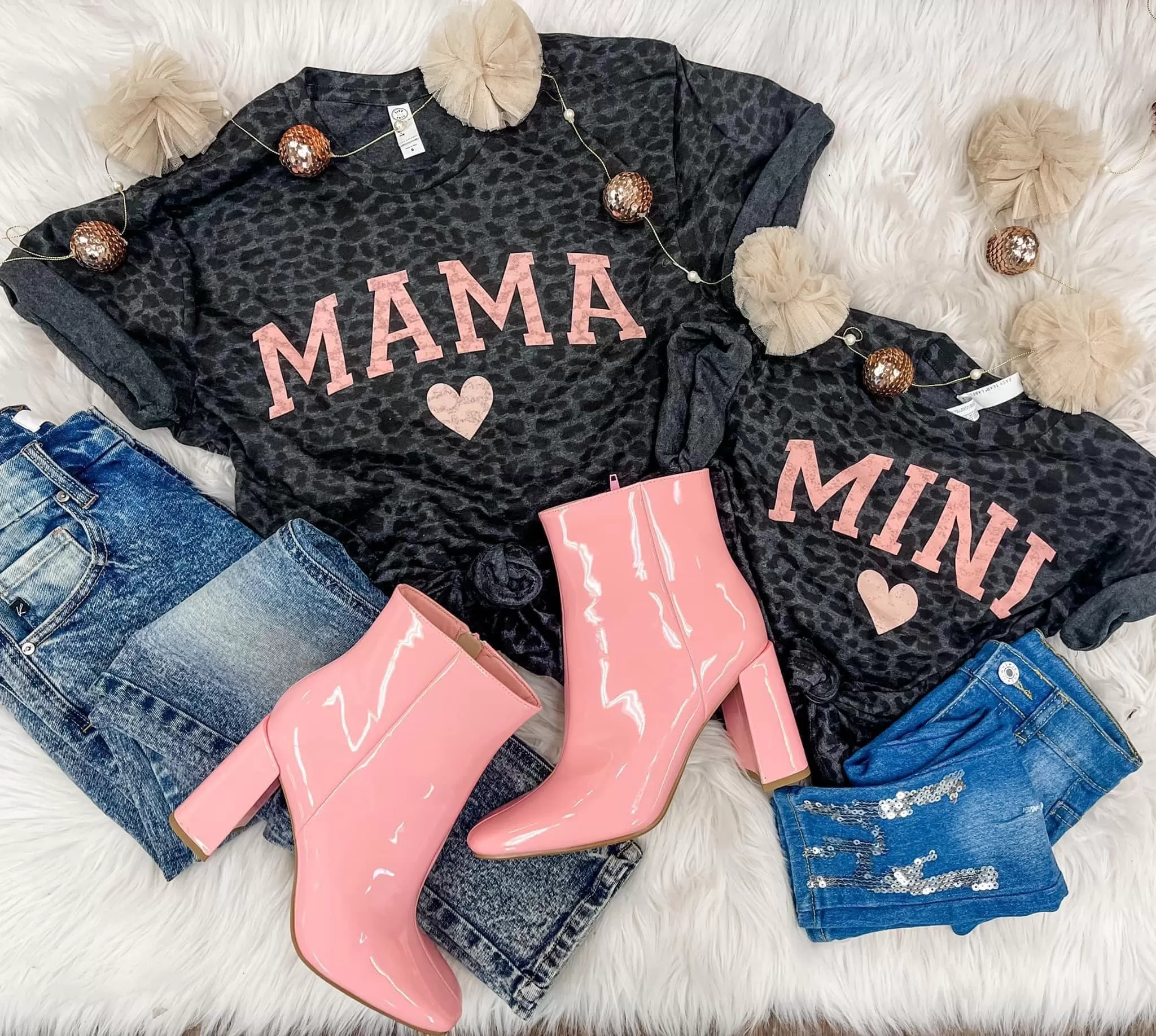 Black Leopard   Baby Pink MAMA   MINI Crew Neck Tees