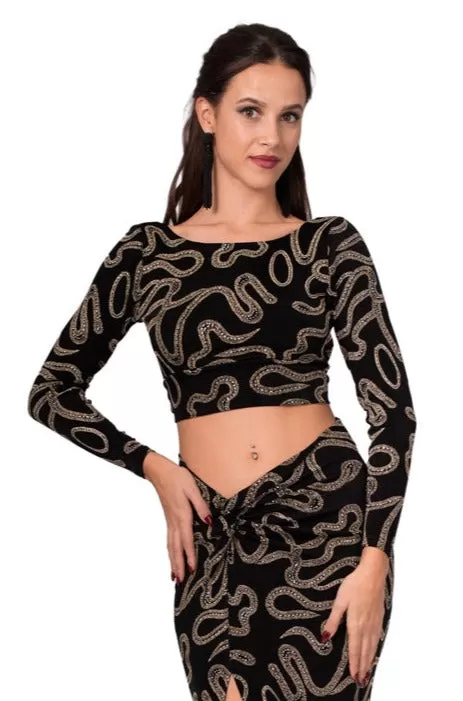 Black Long Sleeve Twisted Knot V-neck Crop Top With Sparkling Gold Details