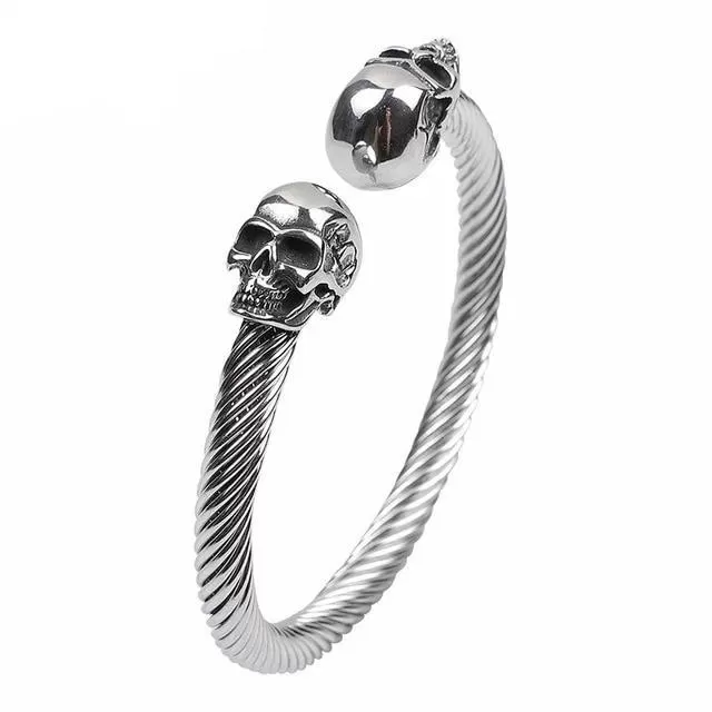 Black/Silver Stainless Steel Skull Bangle Bracelet