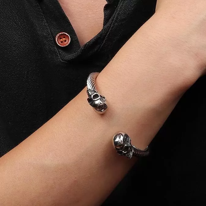 Black/Silver Stainless Steel Skull Bangle Bracelet