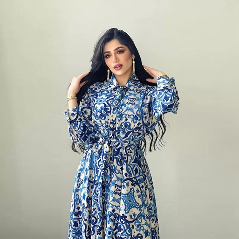 Blue Printed Women Kaftan Dress jalabiya