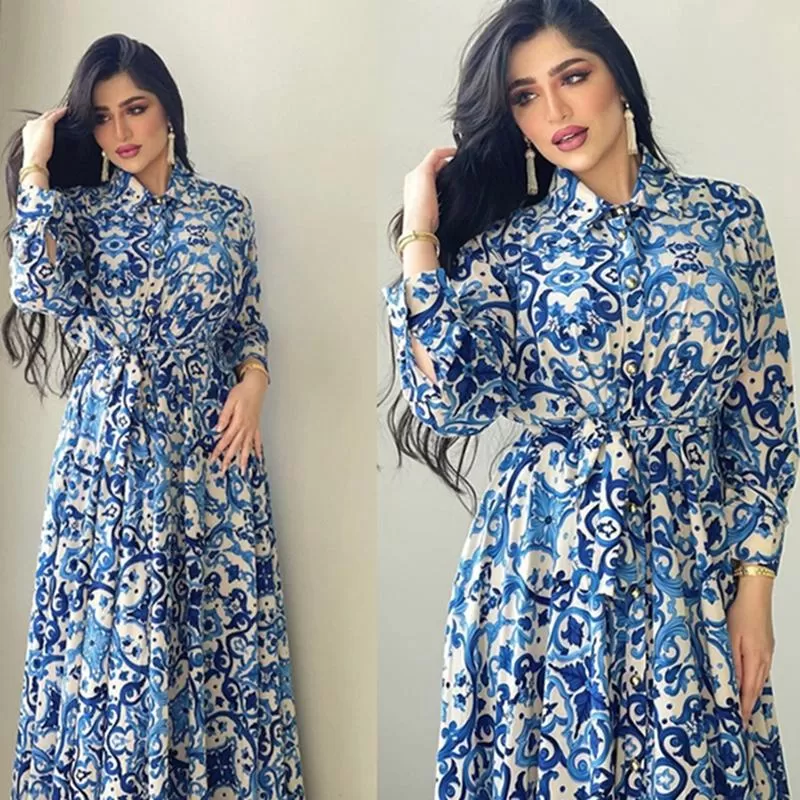 Blue Printed Women Kaftan Dress jalabiya