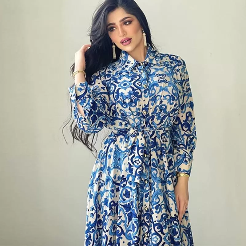 Blue Printed Women Kaftan Dress jalabiya