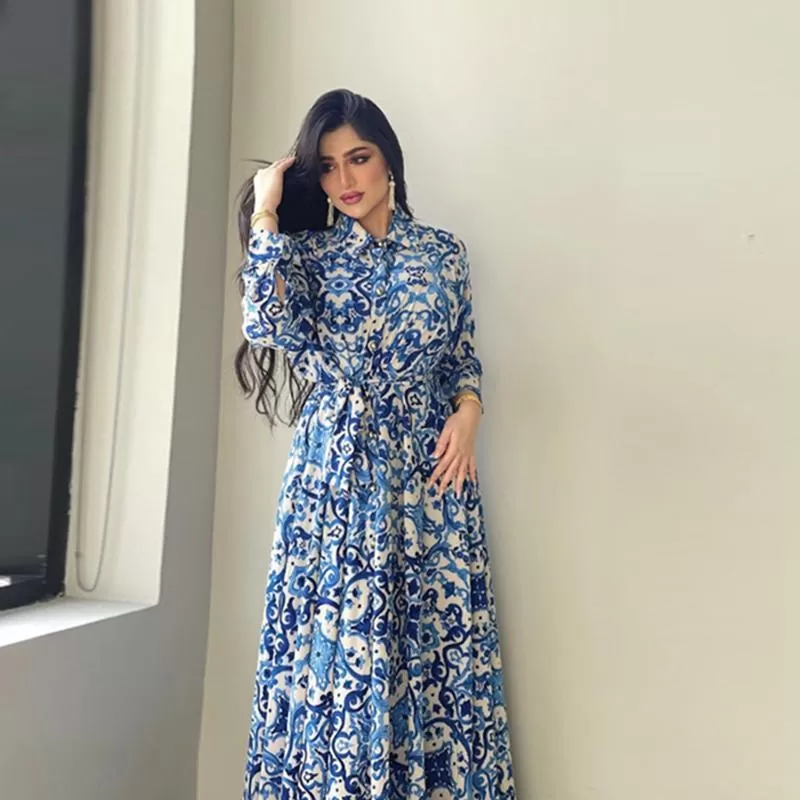 Blue Printed Women Kaftan Dress jalabiya