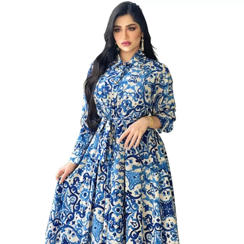 Blue Printed Women Kaftan Dress jalabiya