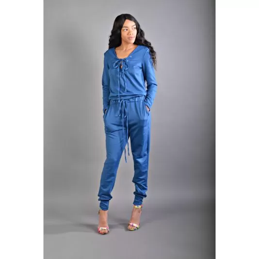 Blue/Green Tie Front Drawstring Jumpsuit