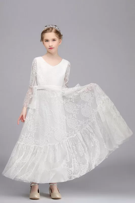 Boho Flower Girl Dress Long Sleeves Lace Briddesmaid Dress for Girls