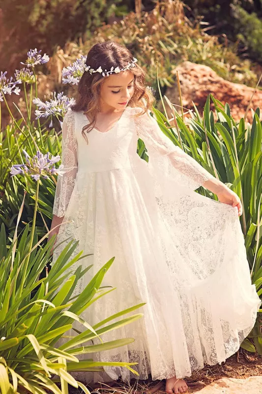 Boho Flower Girl Dress Long Sleeves Lace Briddesmaid Dress for Girls