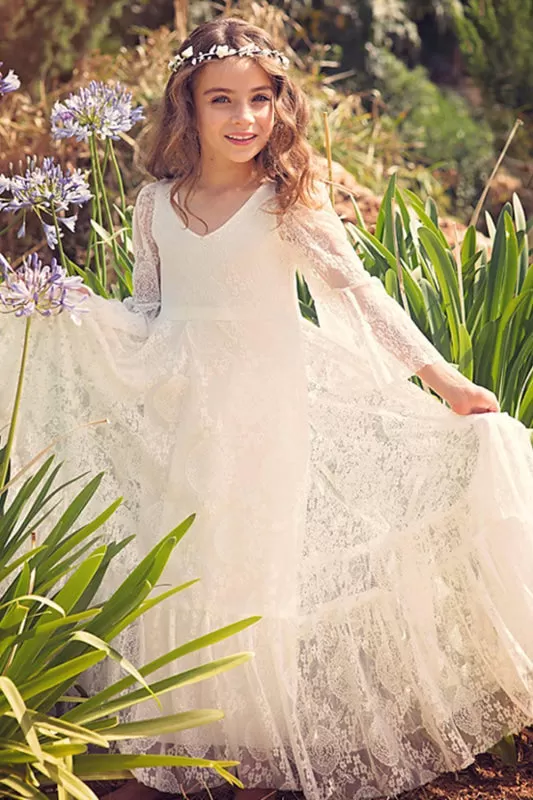 Boho Flower Girl Dress Long Sleeves Lace Briddesmaid Dress for Girls