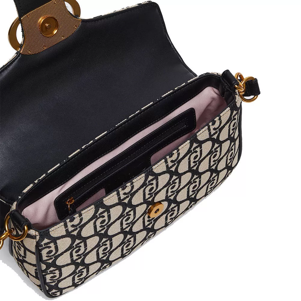 Borsa Donna a Spalla con Tracolla LIU JO in Tessuto Jacquard con Logo All Over Nero