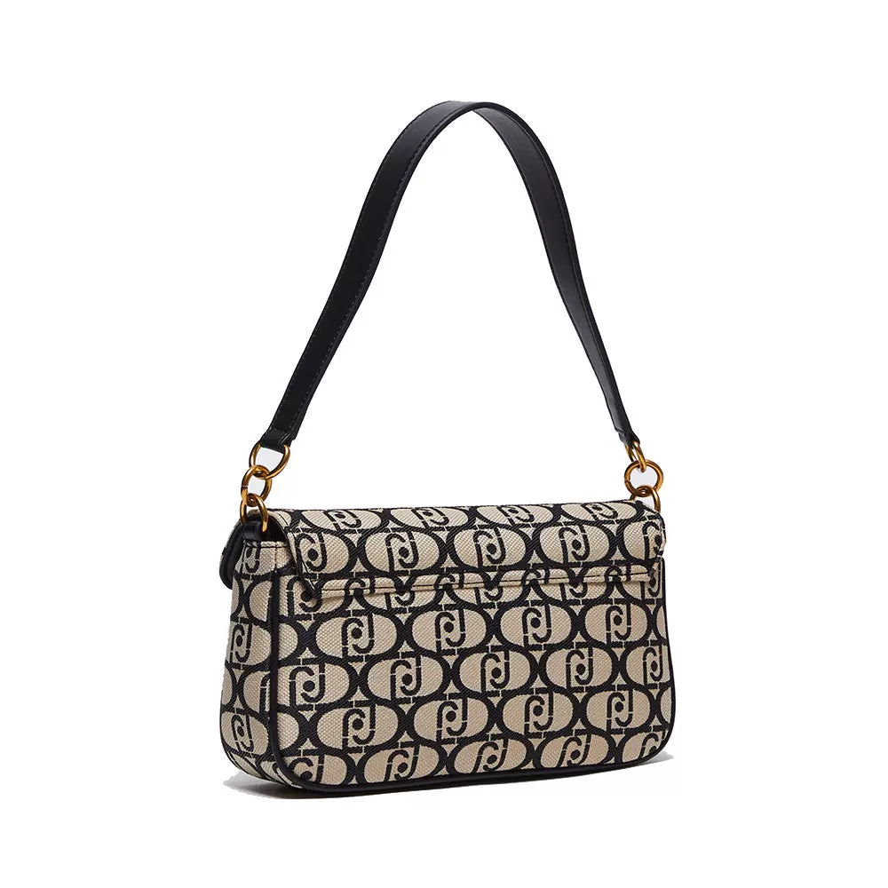 Borsa Donna a Spalla con Tracolla LIU JO in Tessuto Jacquard con Logo All Over Nero