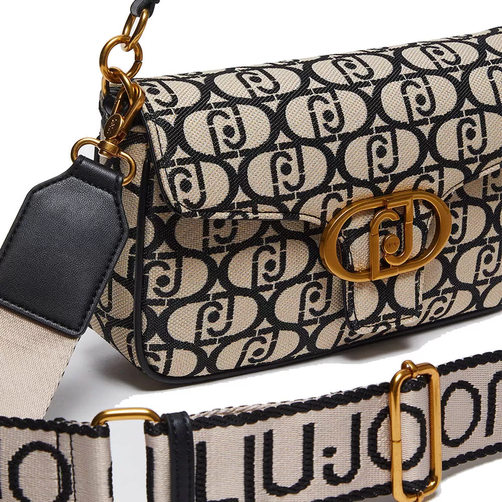 Borsa Donna a Spalla con Tracolla LIU JO in Tessuto Jacquard con Logo All Over Nero