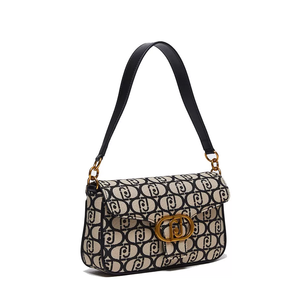 Borsa Donna a Spalla con Tracolla LIU JO in Tessuto Jacquard con Logo All Over Nero