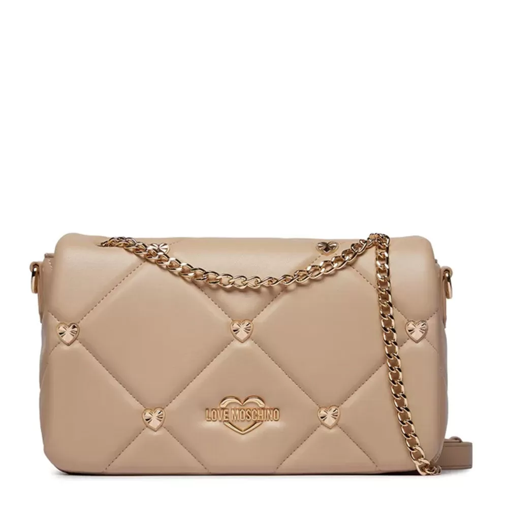 Borsa Donna a Spalla e Tracolla LOVE MOSCHINO linea Jewel Hearts Crema con Borchie Oro