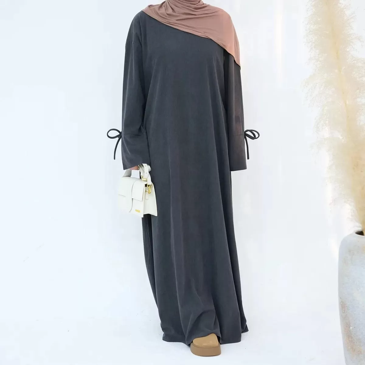 Bowknot Cuff Corduroy Winter Fall Abaya Dress #24925