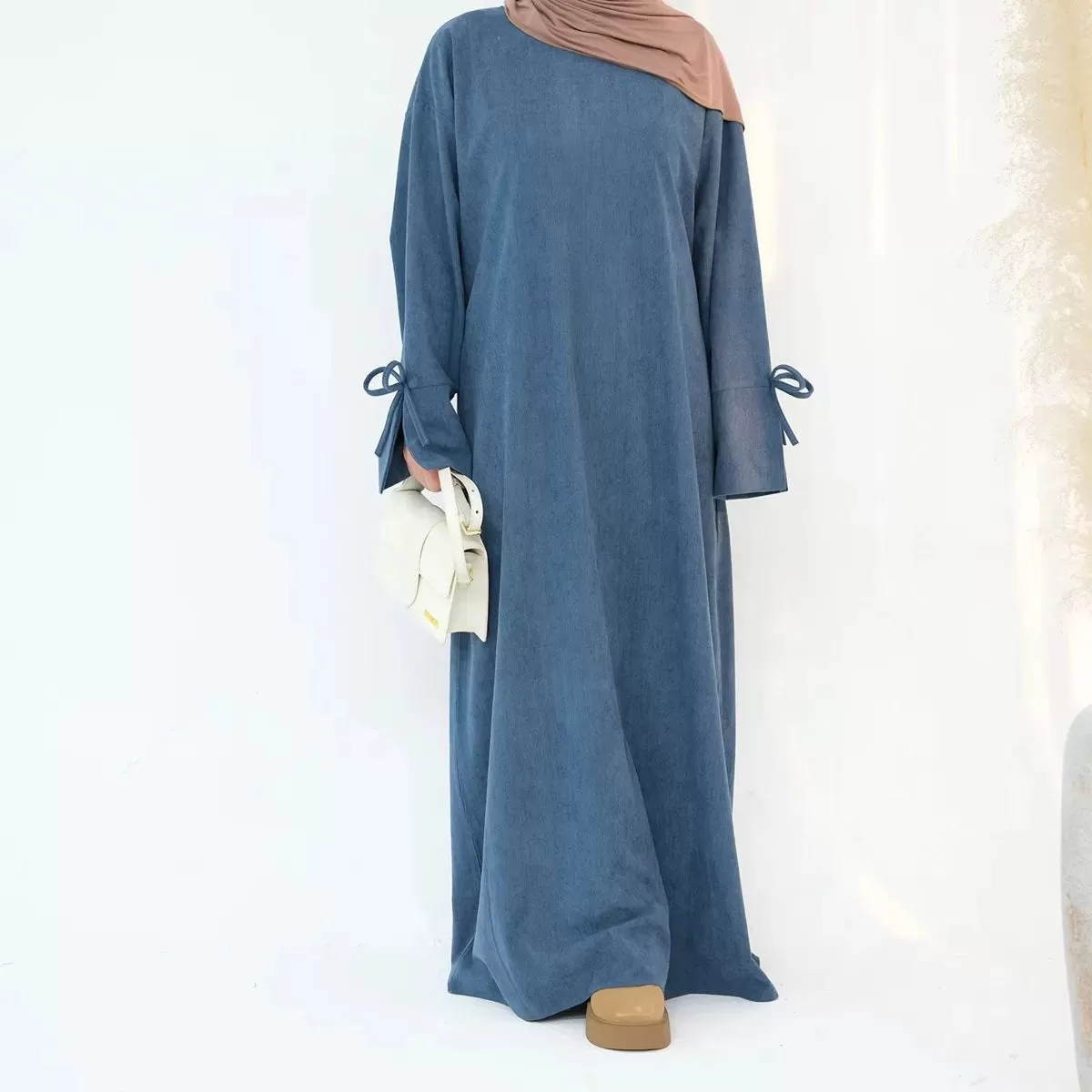 Bowknot Cuff Corduroy Winter Fall Abaya Dress #24925