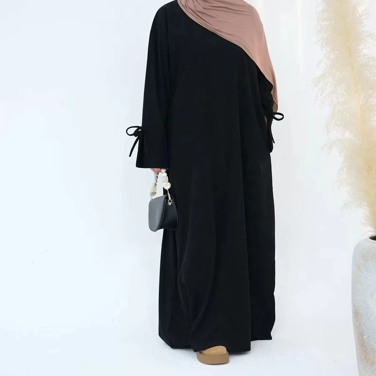 Bowknot Cuff Corduroy Winter Fall Abaya Dress #24925