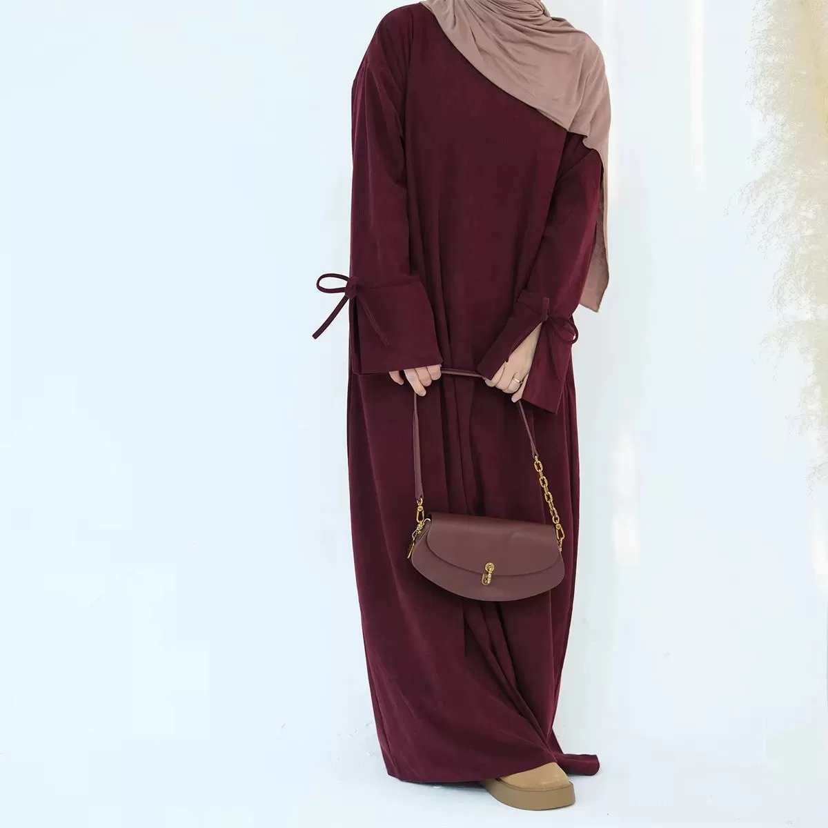 Bowknot Cuff Corduroy Winter Fall Abaya Dress #24925