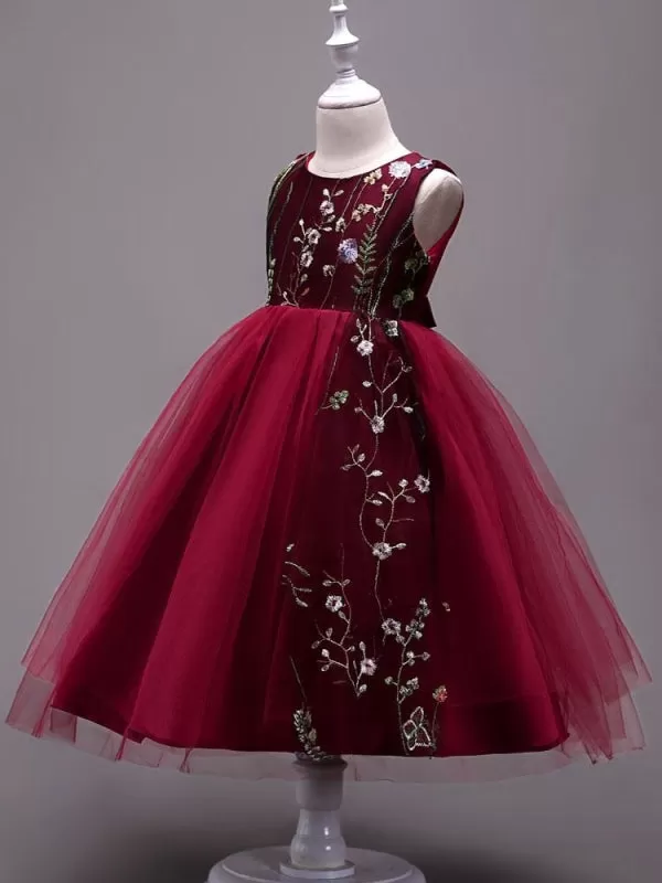 Burgundy Lace Embroidered Kids Tutu Dress Tulle Sleeveless Little Girls Party Dress