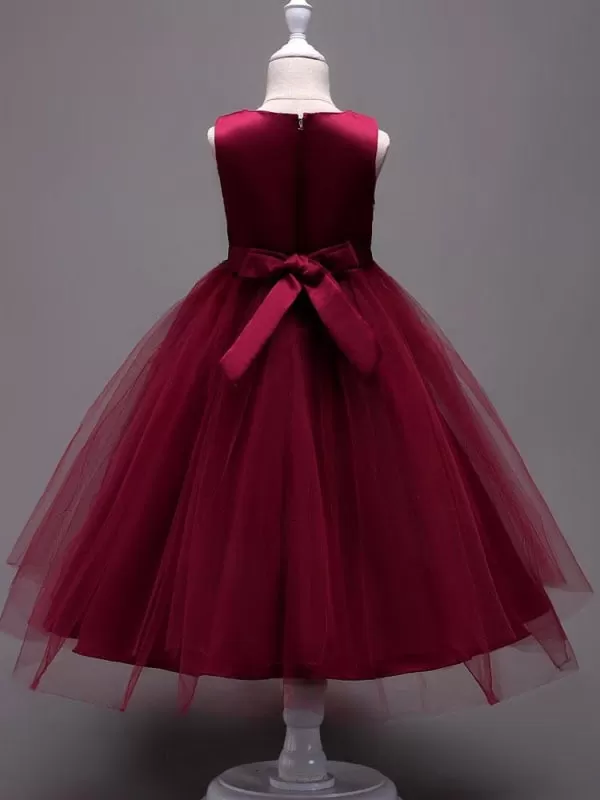 Burgundy Lace Embroidered Kids Tutu Dress Tulle Sleeveless Little Girls Party Dress